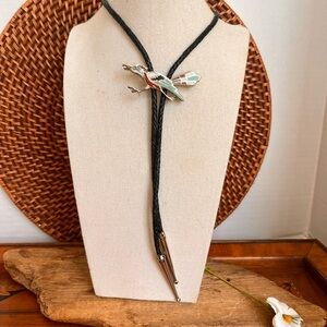 VTG Southwestern Roadrunner Enamel Bolo Tie Black Braided Cord 28”